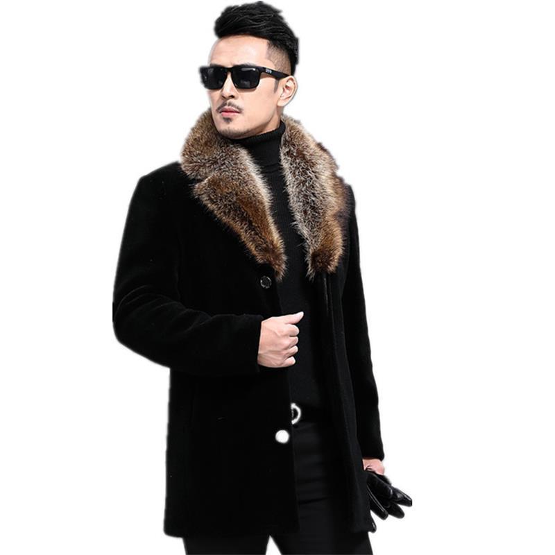 겨울 남성 모피 모직 코트, 모피 칼라 라펠 비즈니스 블렌드 포켓 블랙 패션, 오버사이즈 오피스 트렌치 캐주얼 따뜻한 오버 코트